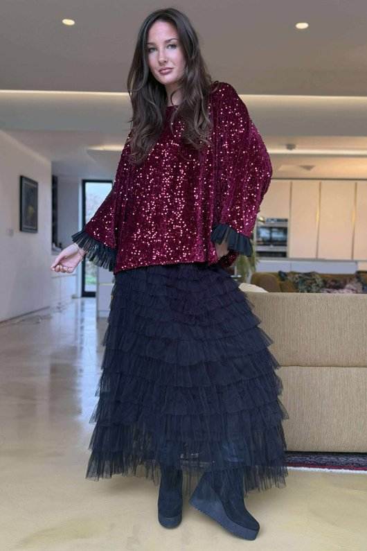 Vivie Velvet Sequin Top Burgundy